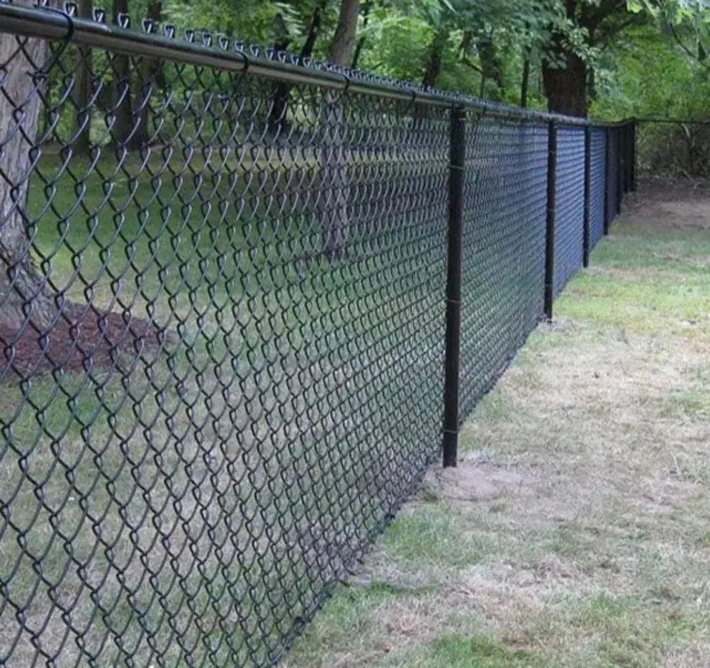 Long run of black vinyl-coated chain link fence