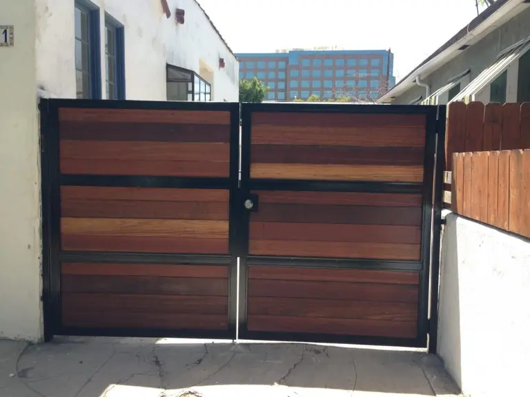 Steel-frame wood double swing driveway gate